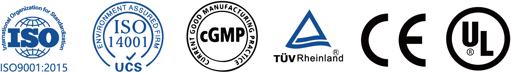 ISO 9001:2015, ISO 14001, cGMP, TÜV Rheinland, CE and UL certifications